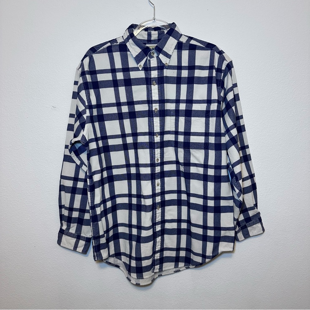 LL Bean Flannel Shirt Men’s Large Regular Plaid Blue White 100% Cotton